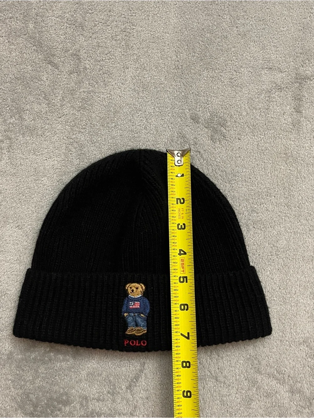 POLO RALPH LAUREN Men's Flag Bear Black Rib-Knit Wool-Blend Beanie Hat